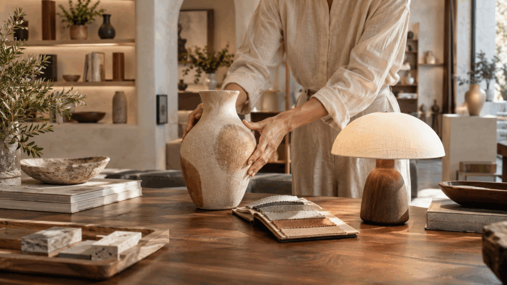 Profesional seleccionando piezas y materiales en una tienda de decoración